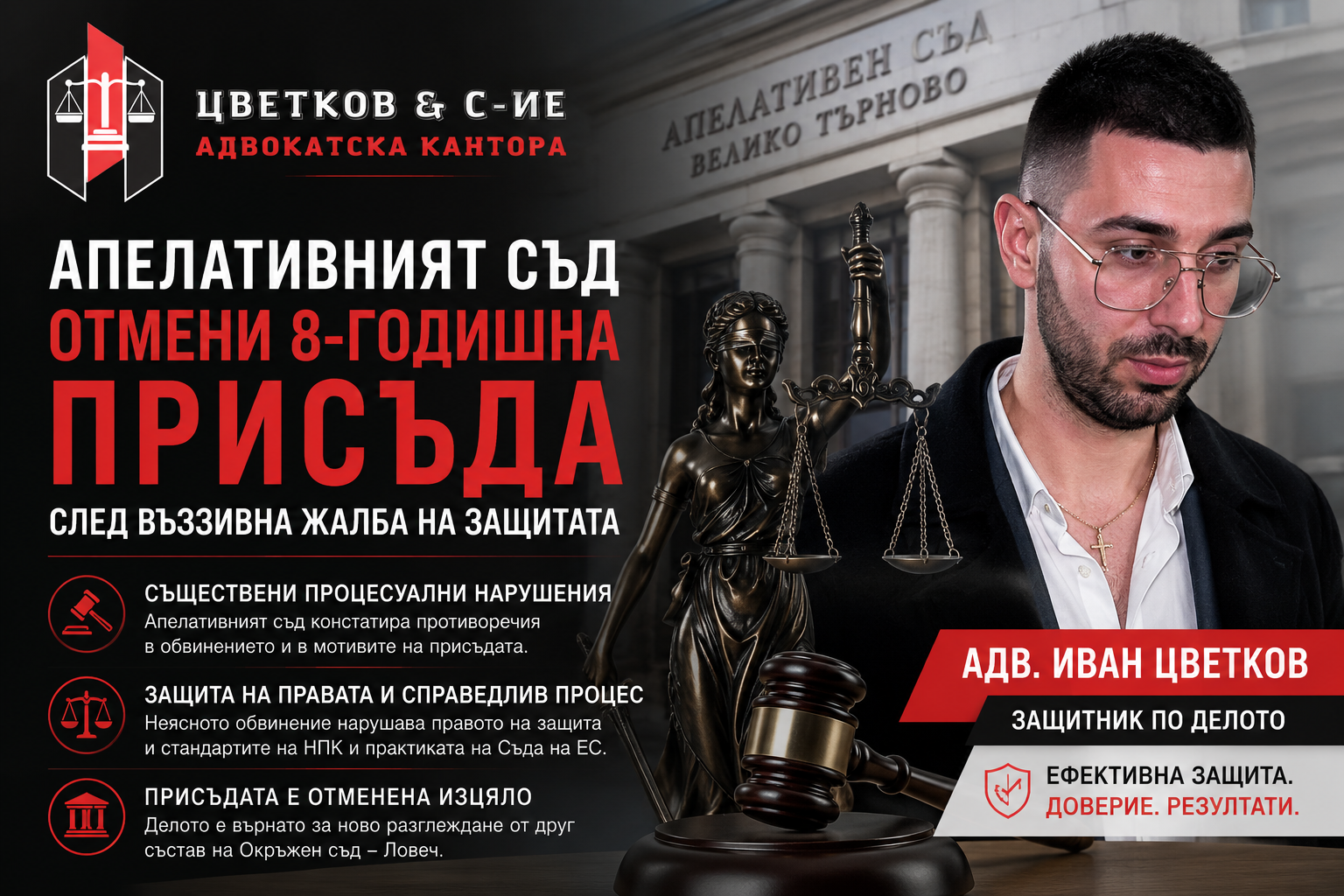 Адв. Иван Цветков постигна отмяна на 8-годишна присъда по наказателно дело